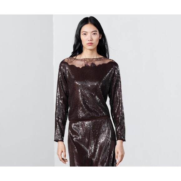 Zara Chocolate Sequin Lace Trimmed Top size M - Blogger Fav - Picture 7 of 7